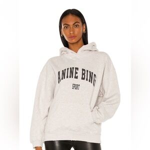 Anine Bing Sport Light Gray Harvey Hoodie Sweatshirt with Black Logo